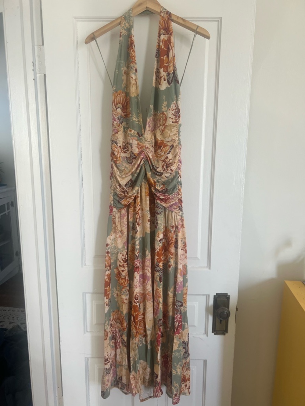 AFRM Sage Floral Halter Maxi Dress with Ruched Waist